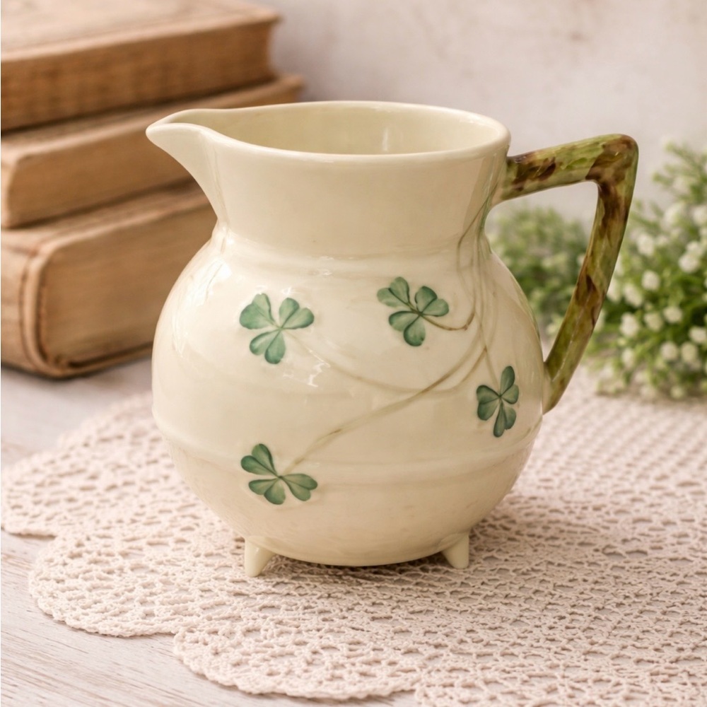 Belleek Cream Ceramic Pitcher with Green Shamrock Design